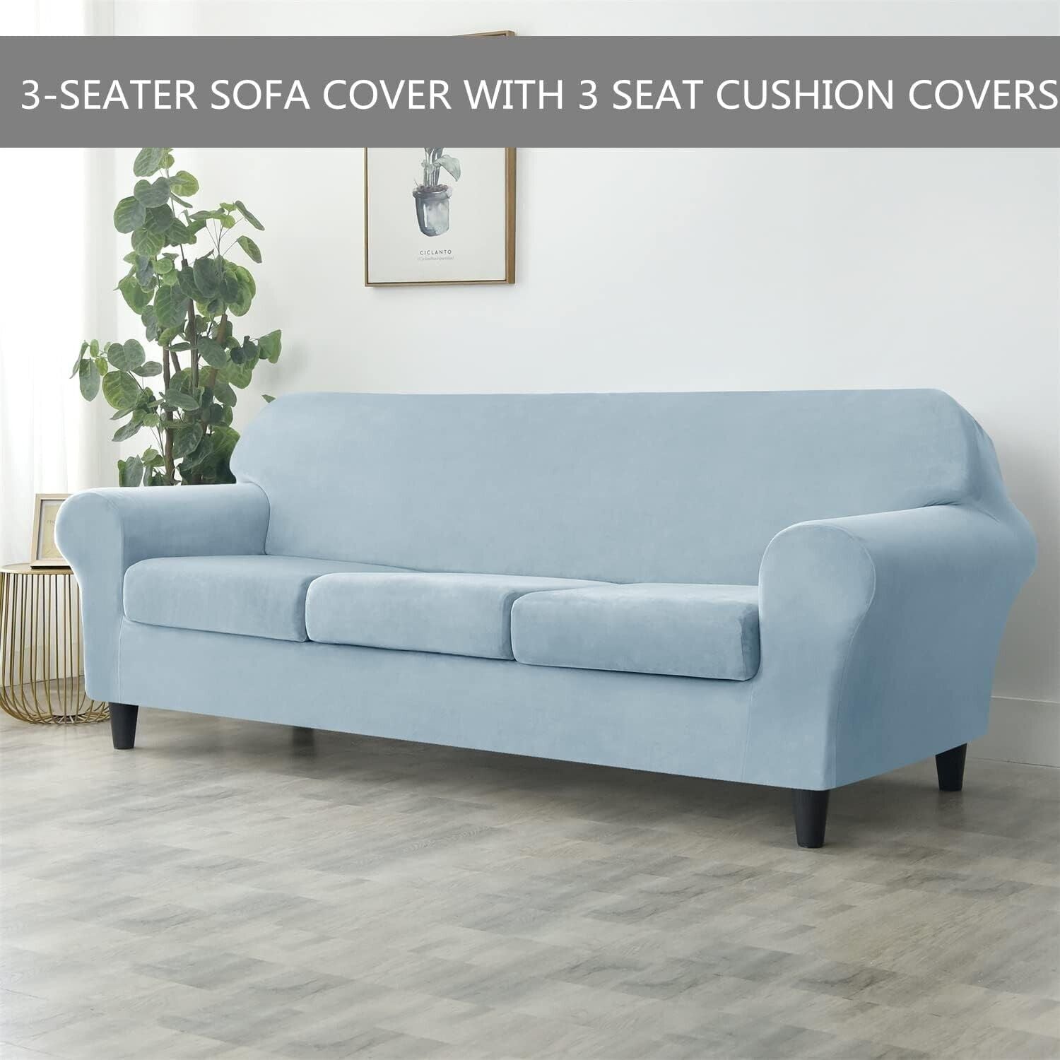 3-Seater stretch velvet sofa slipcover in soft blue with three seat cushion covers