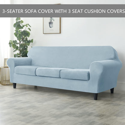 3-Seater stretch velvet sofa slipcover in soft blue with three seat cushion covers