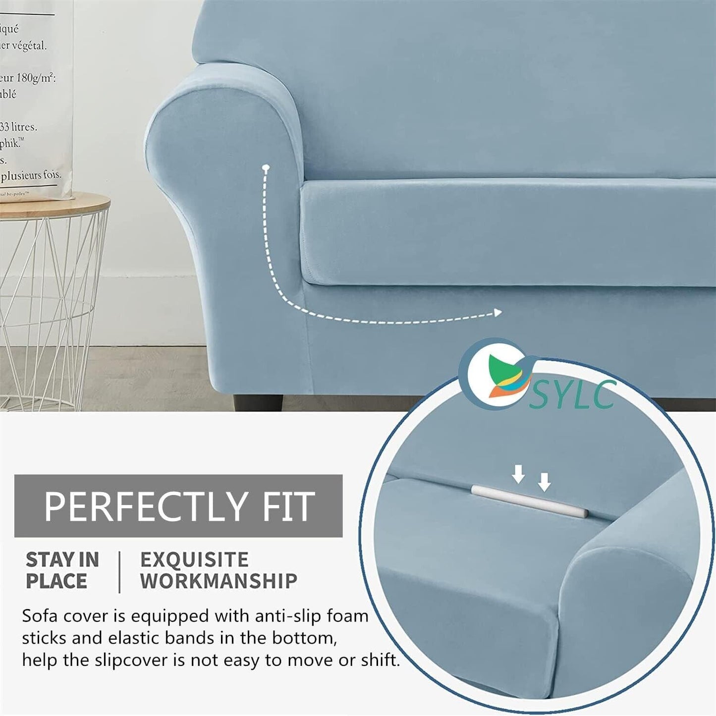 Stretch velvet sofa slipcover in light blue fitting perfectly with anti-slip foam and exquisite workmanship