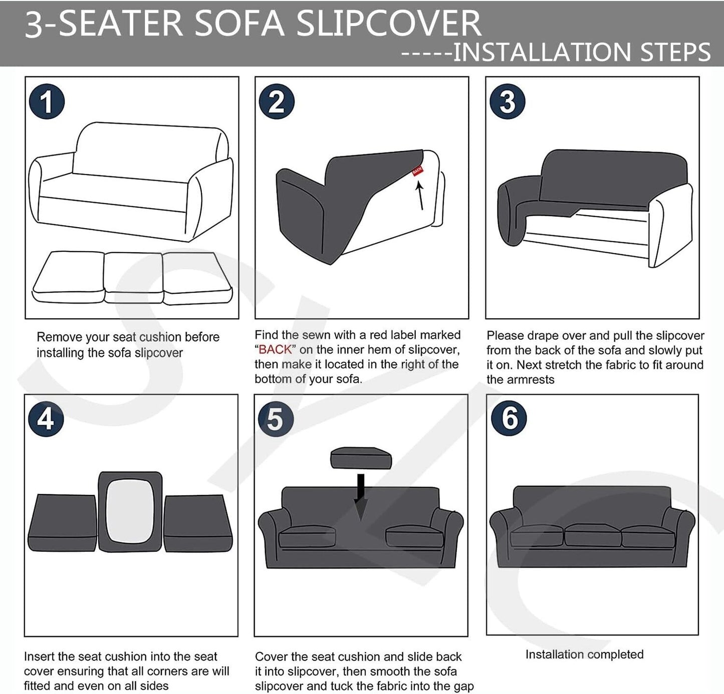 Instructions for installing a 3-seater stretch velvet sofa slipcover with detailed steps