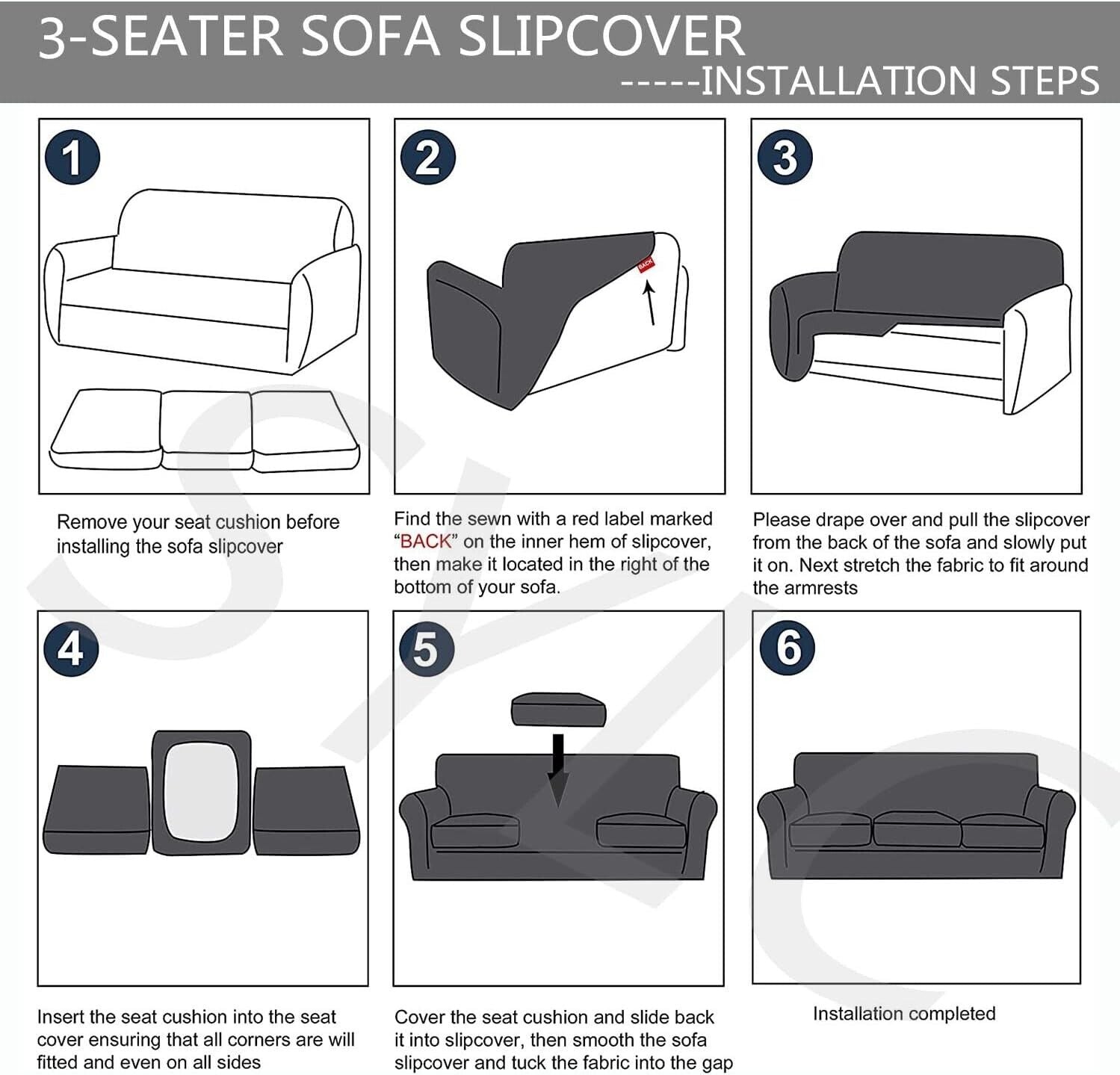 Instructions for installing a 3-seater stretch velvet sofa slipcover with detailed steps