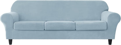 Light blue stretch velvet sofa slipcover designed for a modern three-seater sofa with soft texture