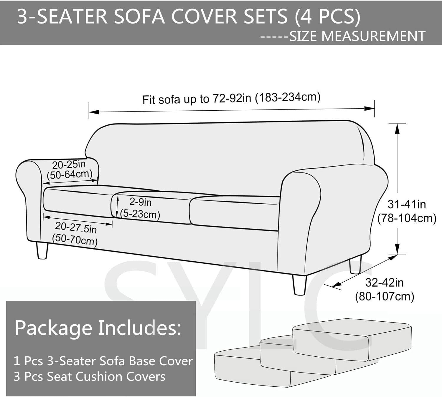 Size guide for stretch velvet sofa slipcover showing measurements for 3-seater sofa and seat cushion covers