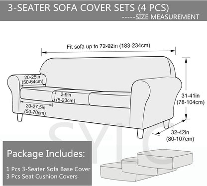 Size guide for stretch velvet sofa slipcover showing measurements for 3-seater sofa and seat cushion covers