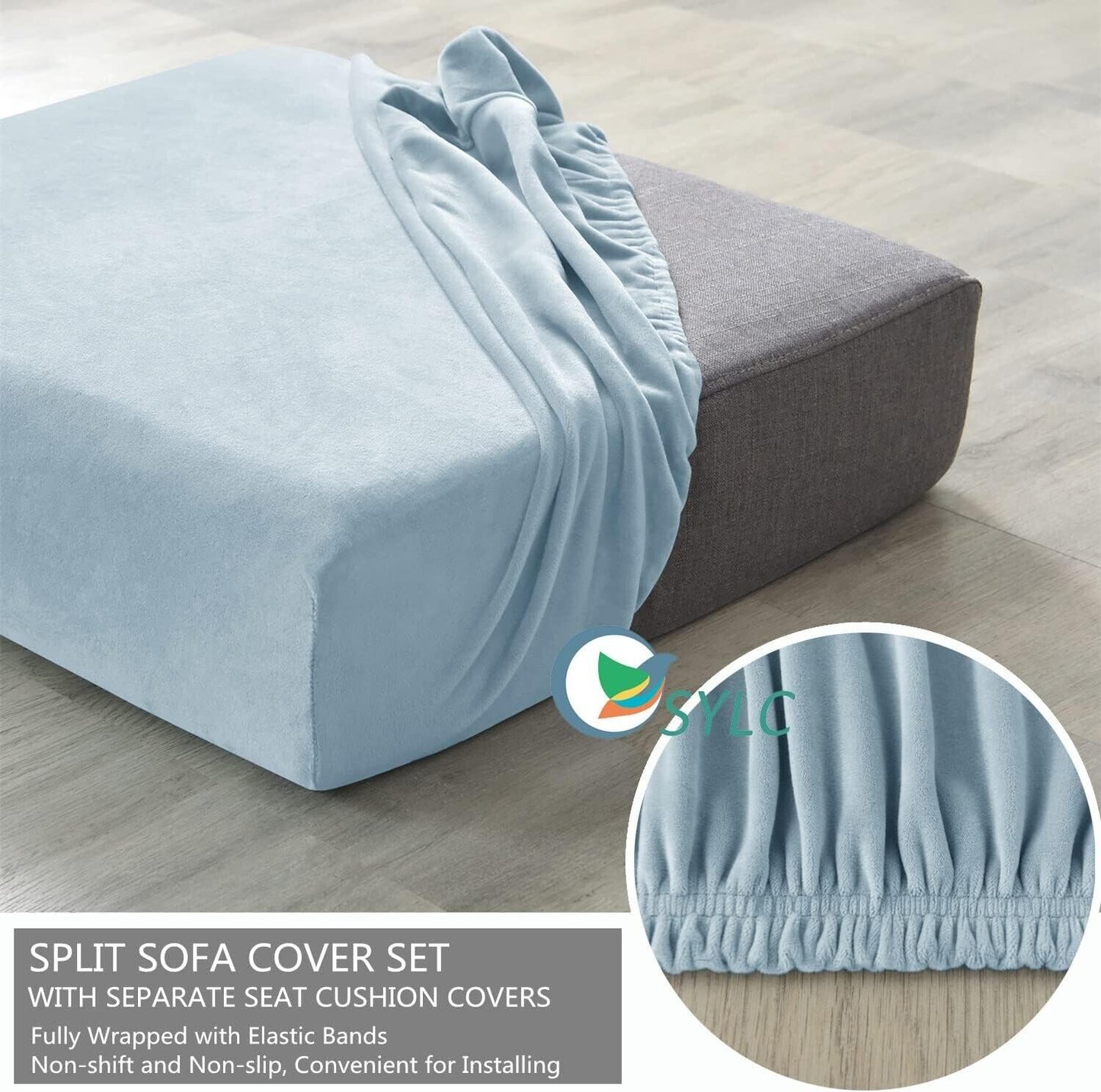 Light blue stretch velvet sofa slipcover with separate seat cushion covers and elastic bands for easy fitting