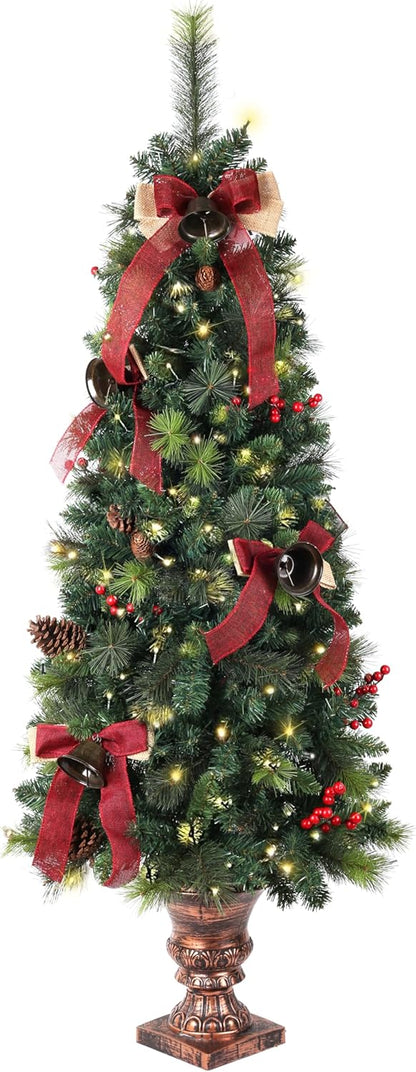 Pre-lit artificial Christmas tree 5ft decorated with red bows, pine cones, and lights