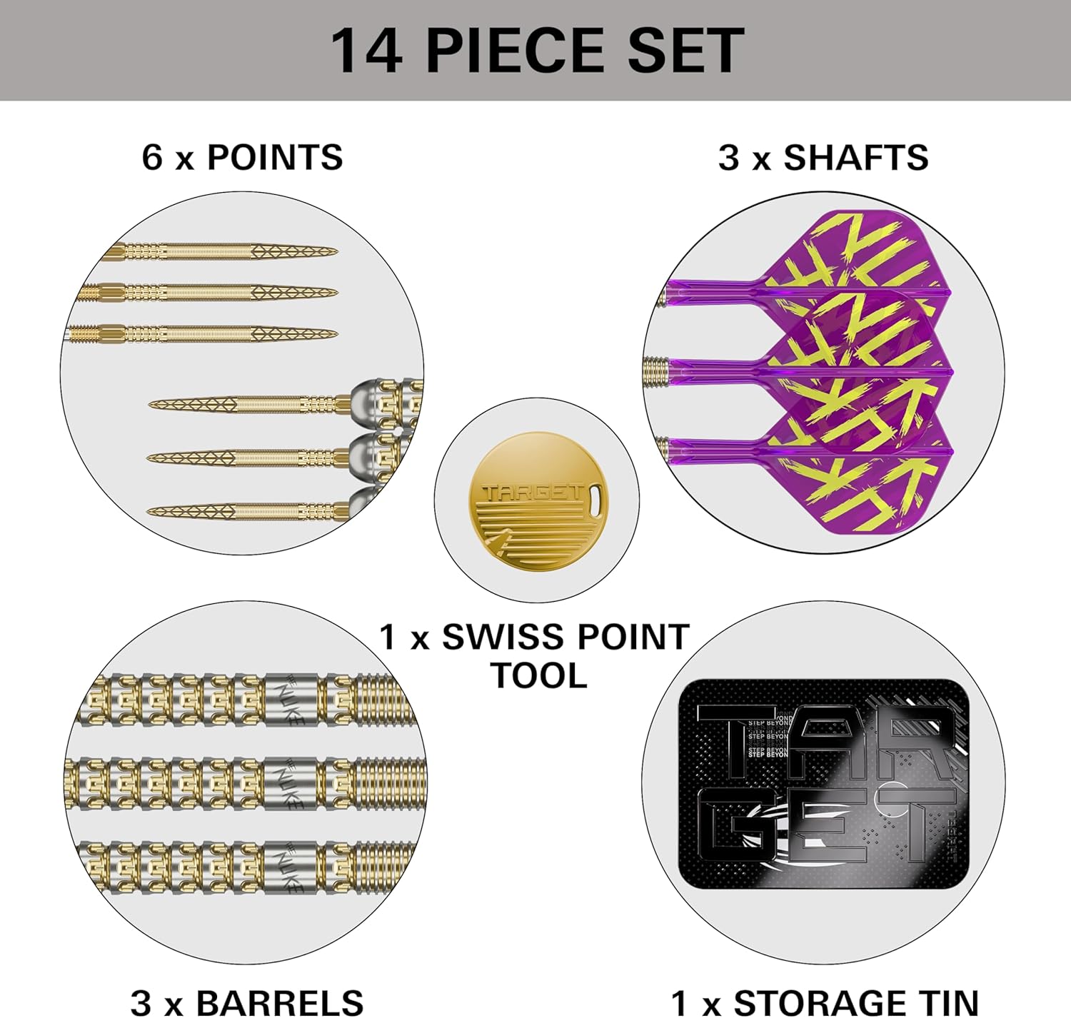 Target 14 Piece Set featuring Luke Littler Gen 1 darts with points, shafts, barrels, tool, and storage tin