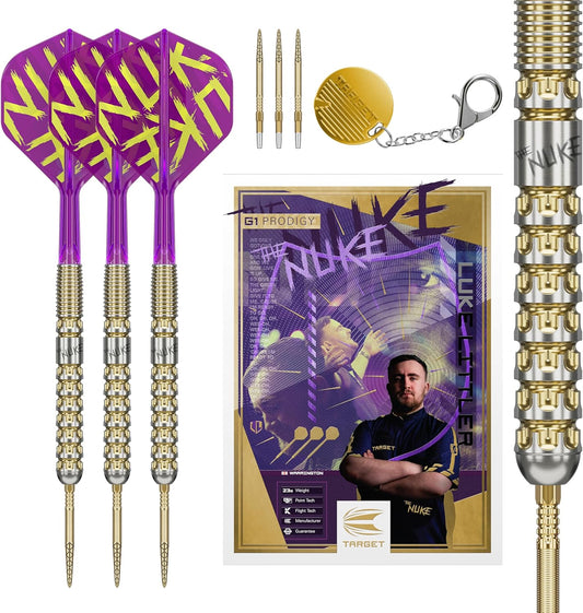 Luke Littler Gen 1 darts set including purple flights, barbed points and a stylish display box