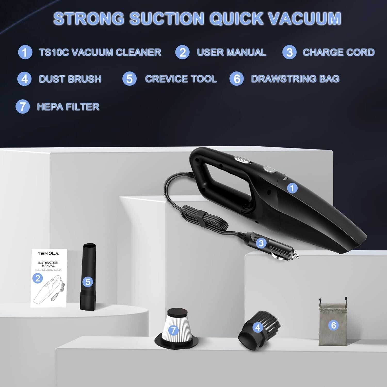 Temola car vacuum cleaner with strong suction, accessories including dust brush and HEPA filter.