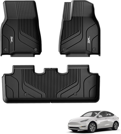 3W Tesla Model Y floor mats in black rubber for all-weather protection and easy cleaning