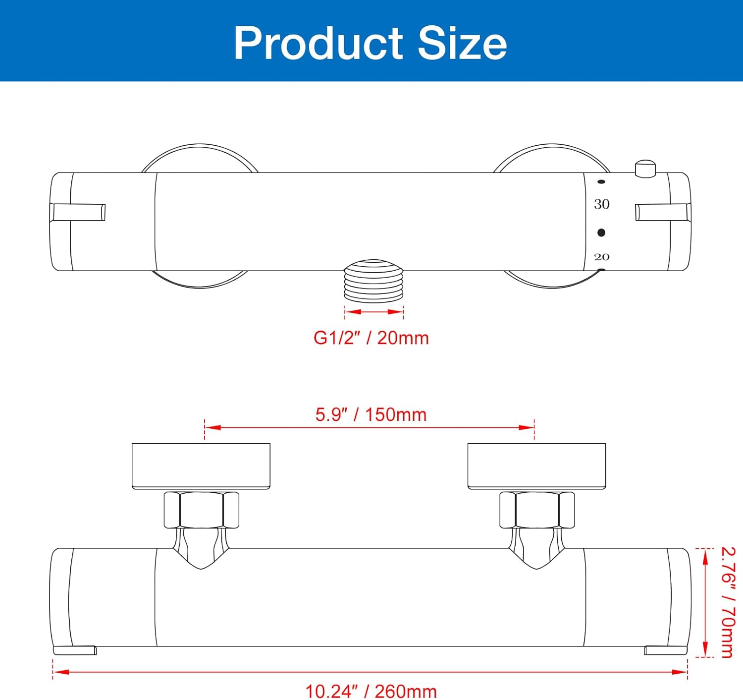 Rainysprit thermostatic shower mixer valve with detailed product dimensions for easy installation
