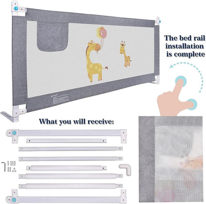 YIFOV toddler bed guard for single bed in grey with playful giraffe design for child safety