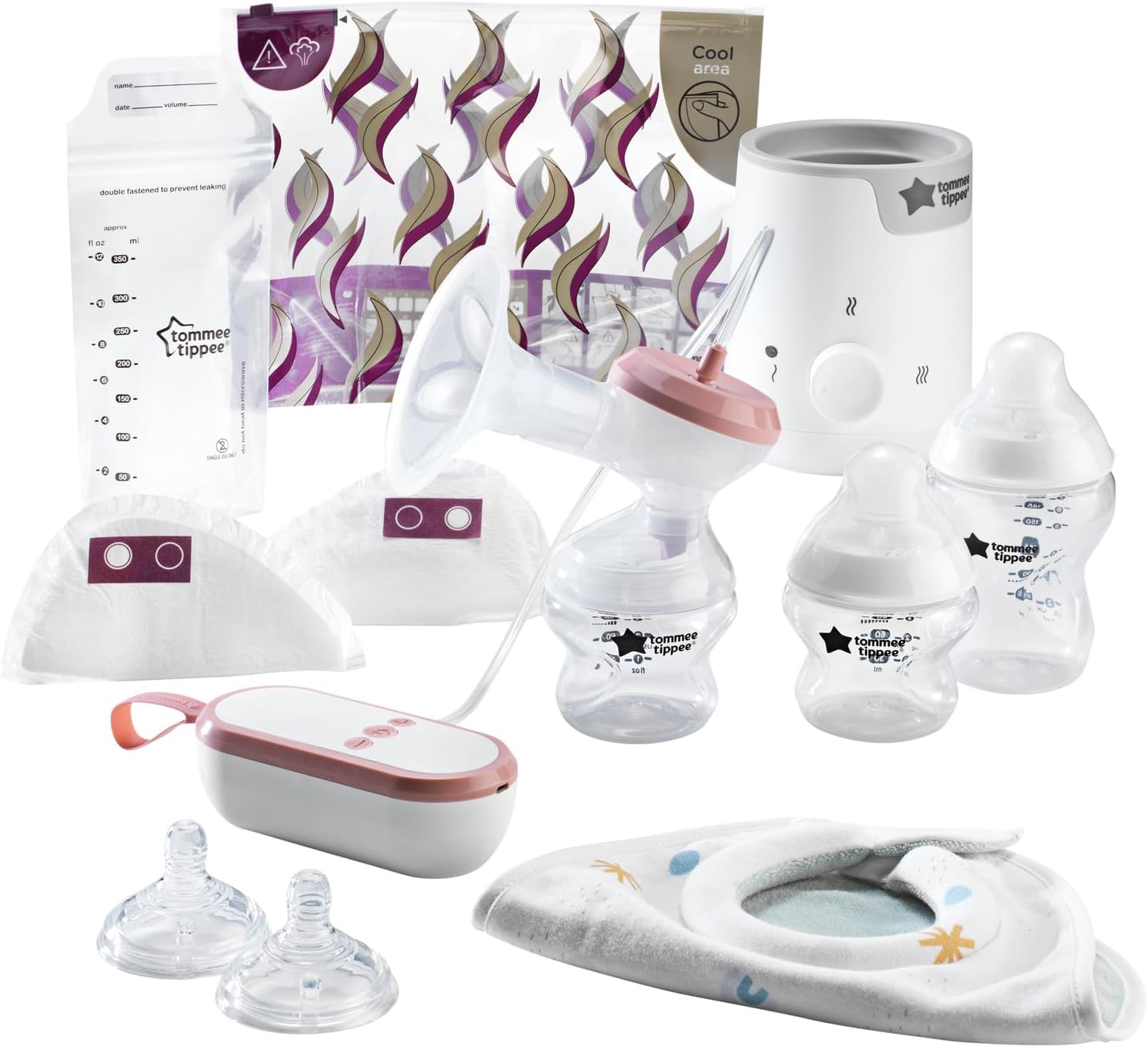 Tommee Tippee complete breastfeeding kit including breast pump, bottles, and storage bags for breastfeeding mothers