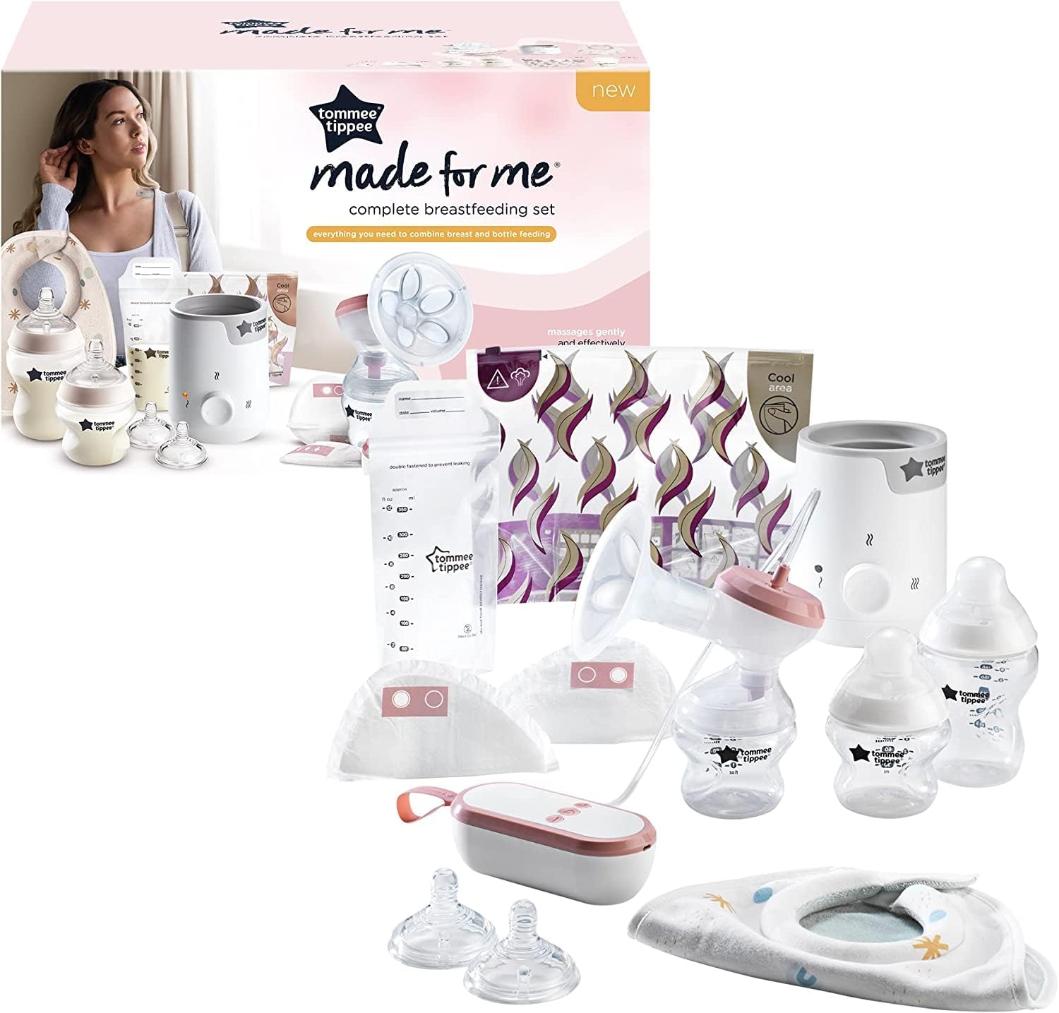 Tommee Tippee complete breastfeeding kit with bottles, breast pump, storage bags, and accessories for new mothers