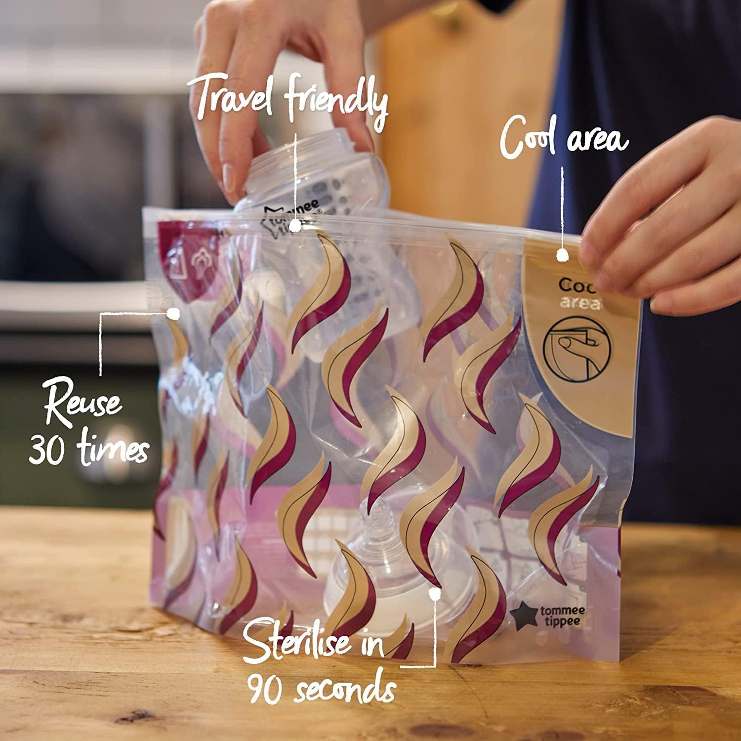 Tommee Tippee complete breastfeeding kit with reusable storage bags designed for easy sterilisation and travel convenience