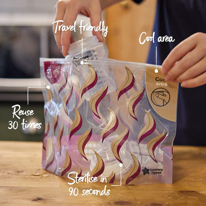 Tommee Tippee complete breastfeeding kit with reusable storage bags designed for easy sterilisation and travel convenience