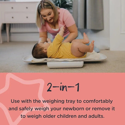 Tommee Tippee digital baby scales with a 2-in-1 design for weighing newborns and older children