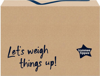 Tommee Tippee digital baby scales packaging with a playful message for weighing babies