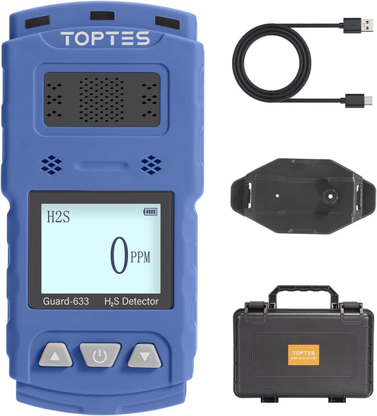 Toptes H2S detector with clip for accurate gas detection, includes USB cable and protective case