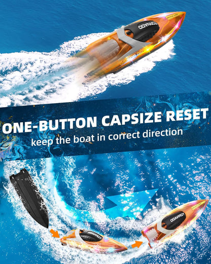 Gleamkid RC boat for kids with one-button capsize reset feature for easy navigation on water