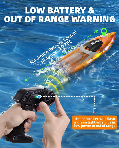 Gleamkid RC boat for kids navigating water, showing remote control and low battery warning indicator