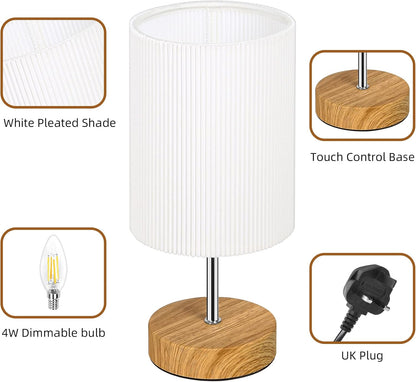 Aomeya touch control table lamp set with white pleated shade and wooden base, UK plug included