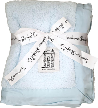 Soft blue baby chenille blanket by Townhouse Blanket Co, wrapped with a stylish ribbon