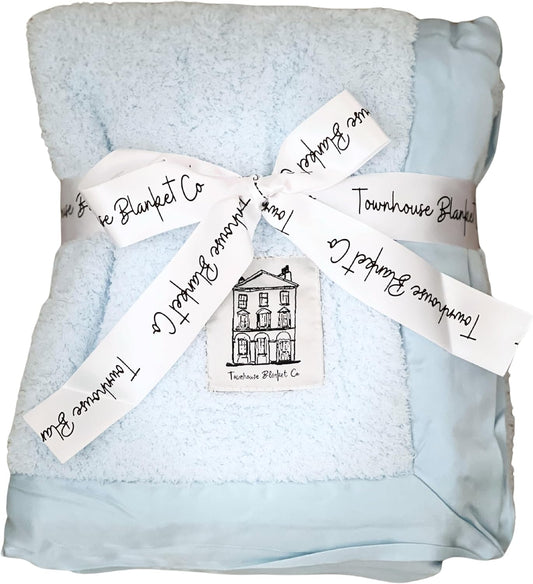 Soft blue baby chenille blanket by Townhouse Blanket Co, wrapped with a stylish ribbon