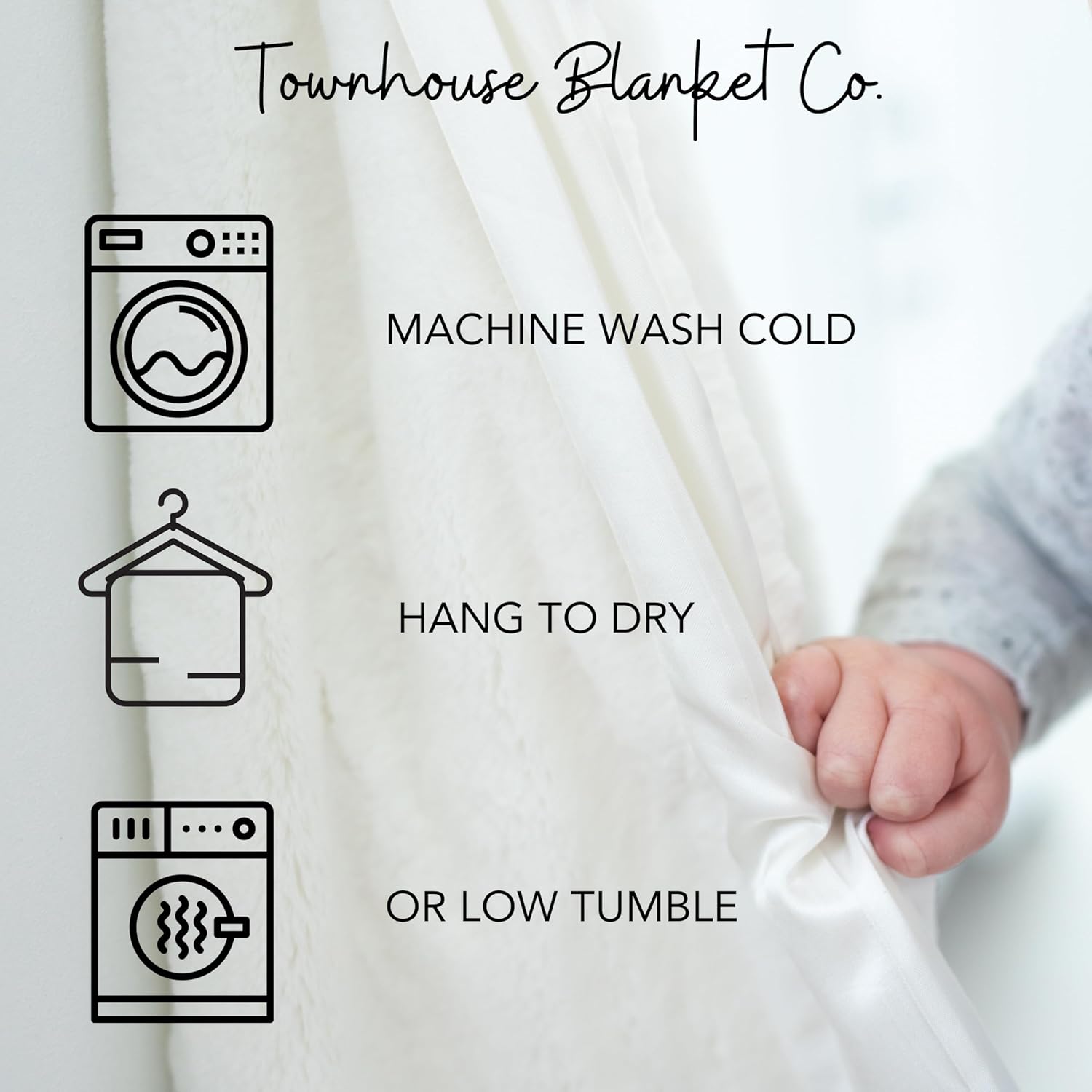 Care instructions for Townhouse Blanket Co blue baby chenille blanket showing washing and drying methods