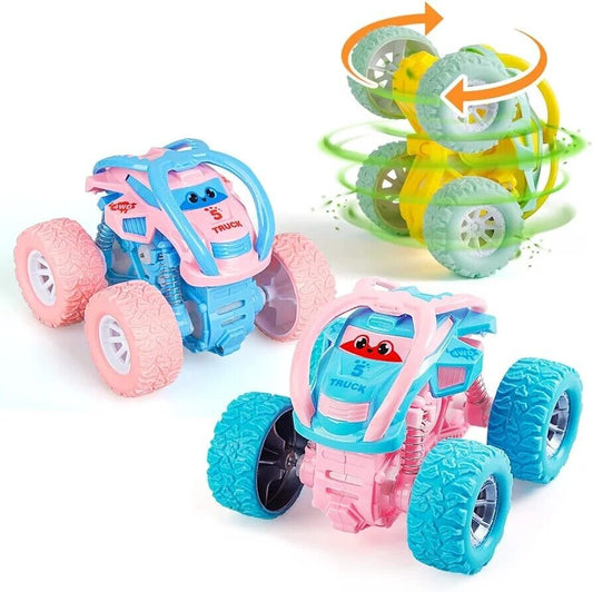 Colourful toddler girls monster truck toys featuring pink and blue designs with rolling wheels