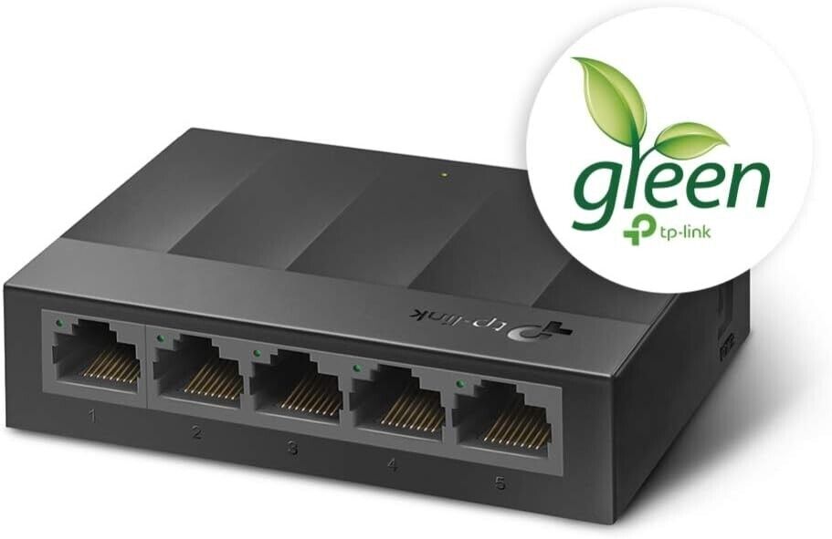 TP-LINK 5 port gigabit switch in black with five Ethernet ports for fast network connectivity
