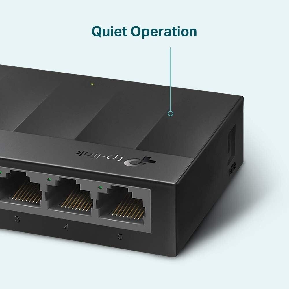 TP-LINK 5 port gigabit switch featuring quiet operation and multiple Ethernet ports for seamless connectivity