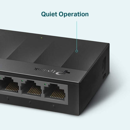TP-LINK 5 port gigabit switch featuring quiet operation and multiple Ethernet ports for seamless connectivity