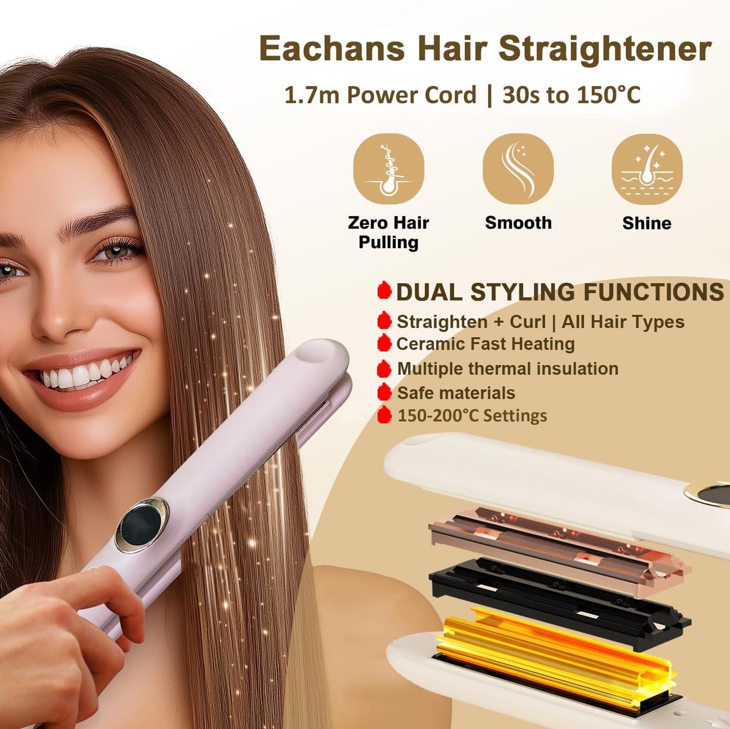Eachans travel hair straightener with dual styling functions and adjustable temperature for all hair types