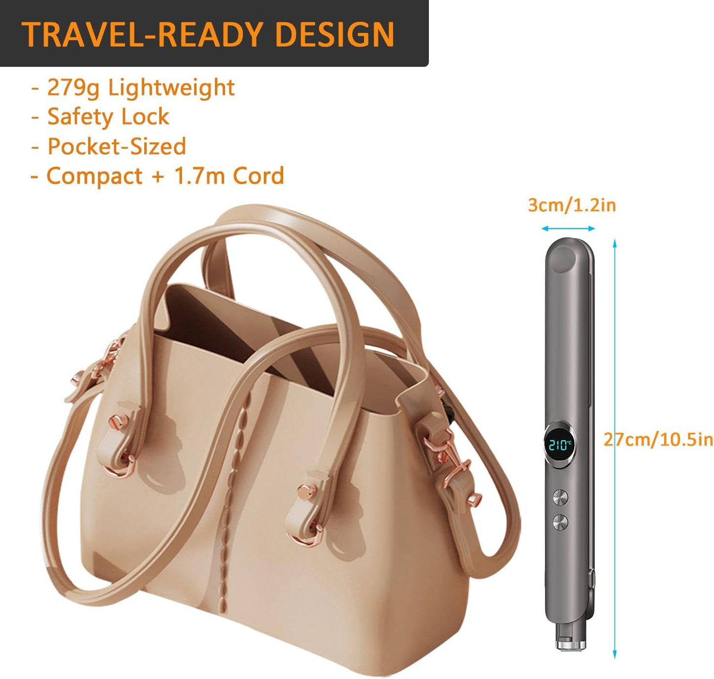 Eachans travel hair straightener in silver next to a stylish beige handbag for convenient styling on the go