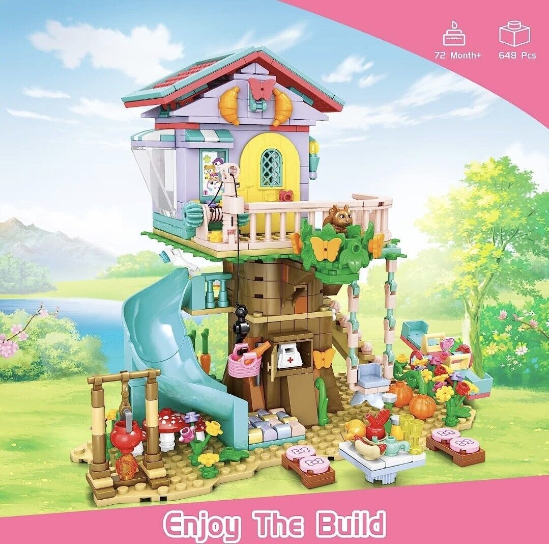 Colourful tree house building set for kids featuring slides, swings and detailed accessories