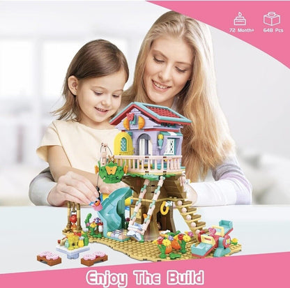 A mother and daughter assembling a colourful tree house building set for kids with 64 pieces