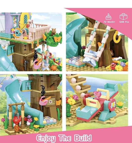 Colourful tree house building set for kids featuring slides, swings, and detailed accessories