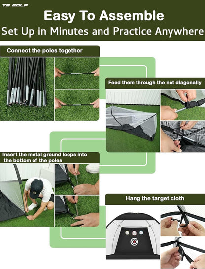 Step-by-step guide for TS Golf practice net assembly, ideal golf practice net for garden setup.
