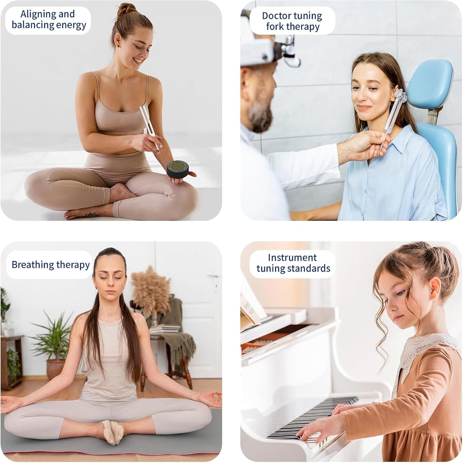 A collage of images featuring using tuning forks for healing in therapy and wellness practices