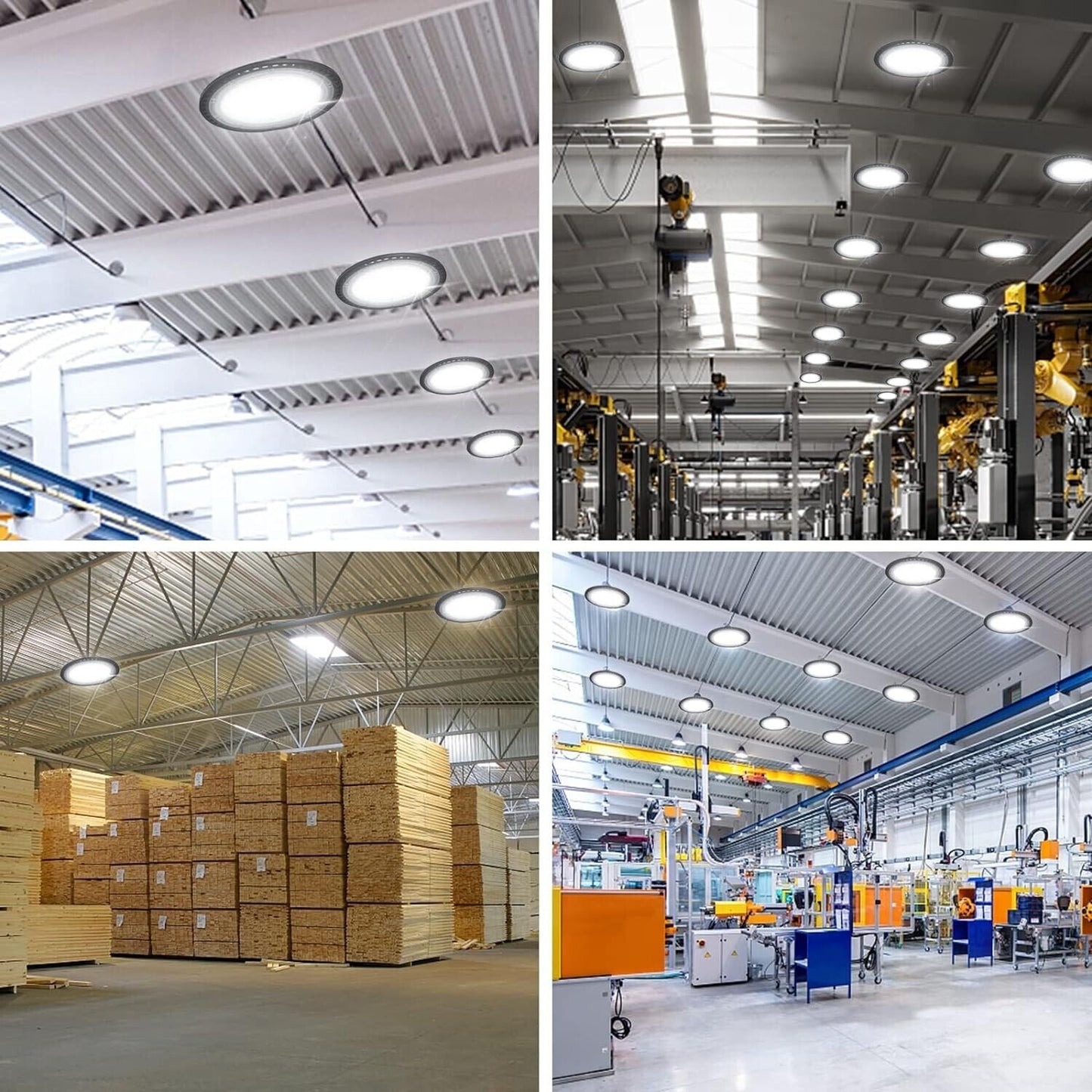 UFO LED high bay light 100W showcased in various industrial settings for optimal illumination