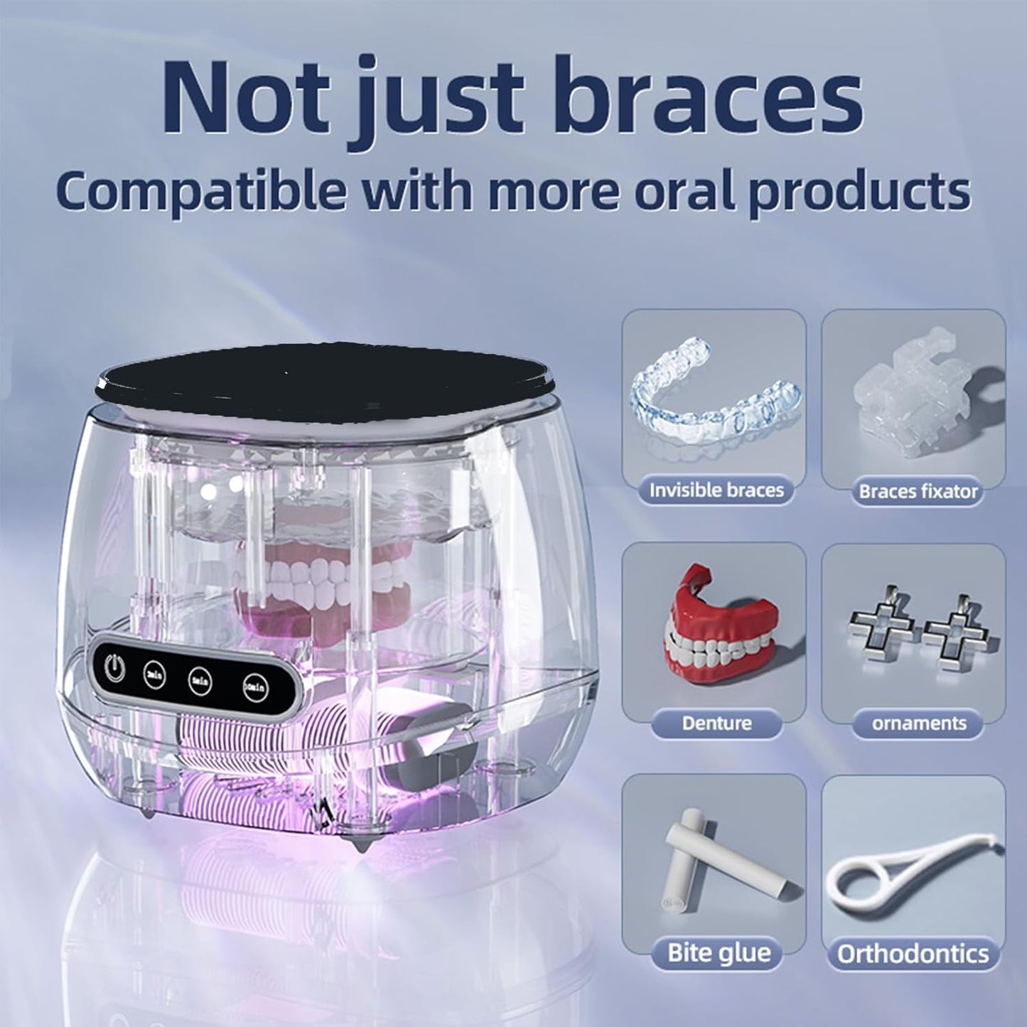 Ultrasonic cleaner for oral products, compatible with braces, dentures, and orthodontics