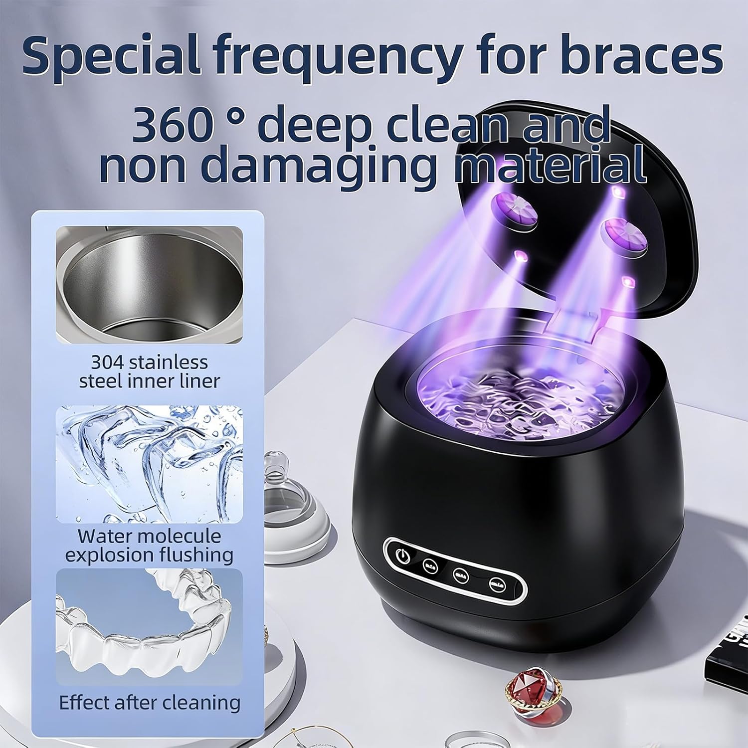 Ultrasonic cleaner with special frequency for braces featuring 360 degree deep clean and 304 stainless steel interior