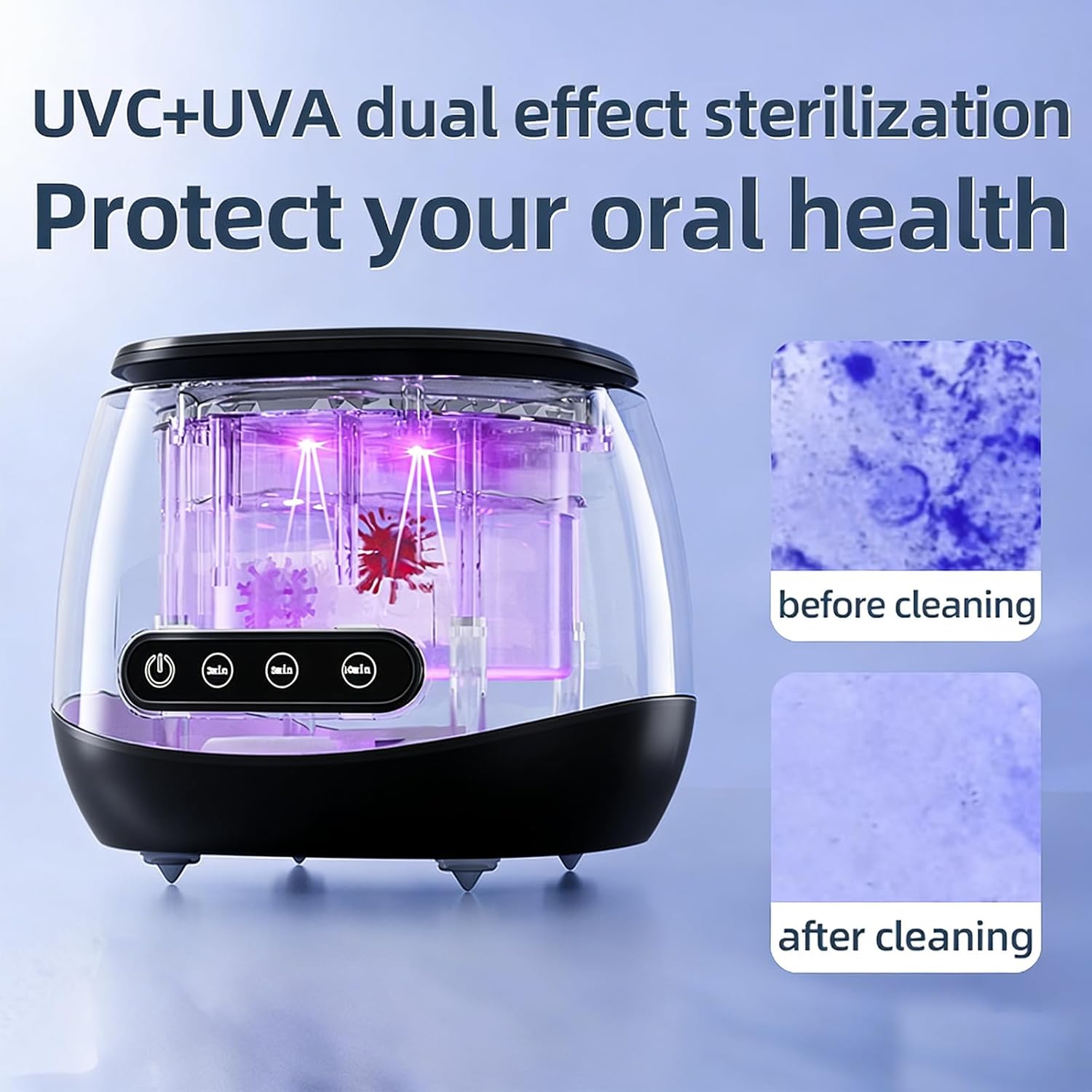 Ultrasonic cleaner with dual UVC and UVA sterilization for effective oral health protection
