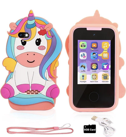 Colourful unicorn kids smart phone toy with interactive features and 8GB card