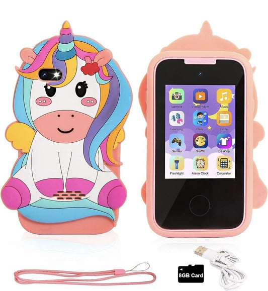 Colourful unicorn kids smart phone toy with interactive features and 8GB card