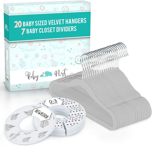 Unisex baby hangers set with 20 velvet hangers and 7 closet dividers for organised baby clothing