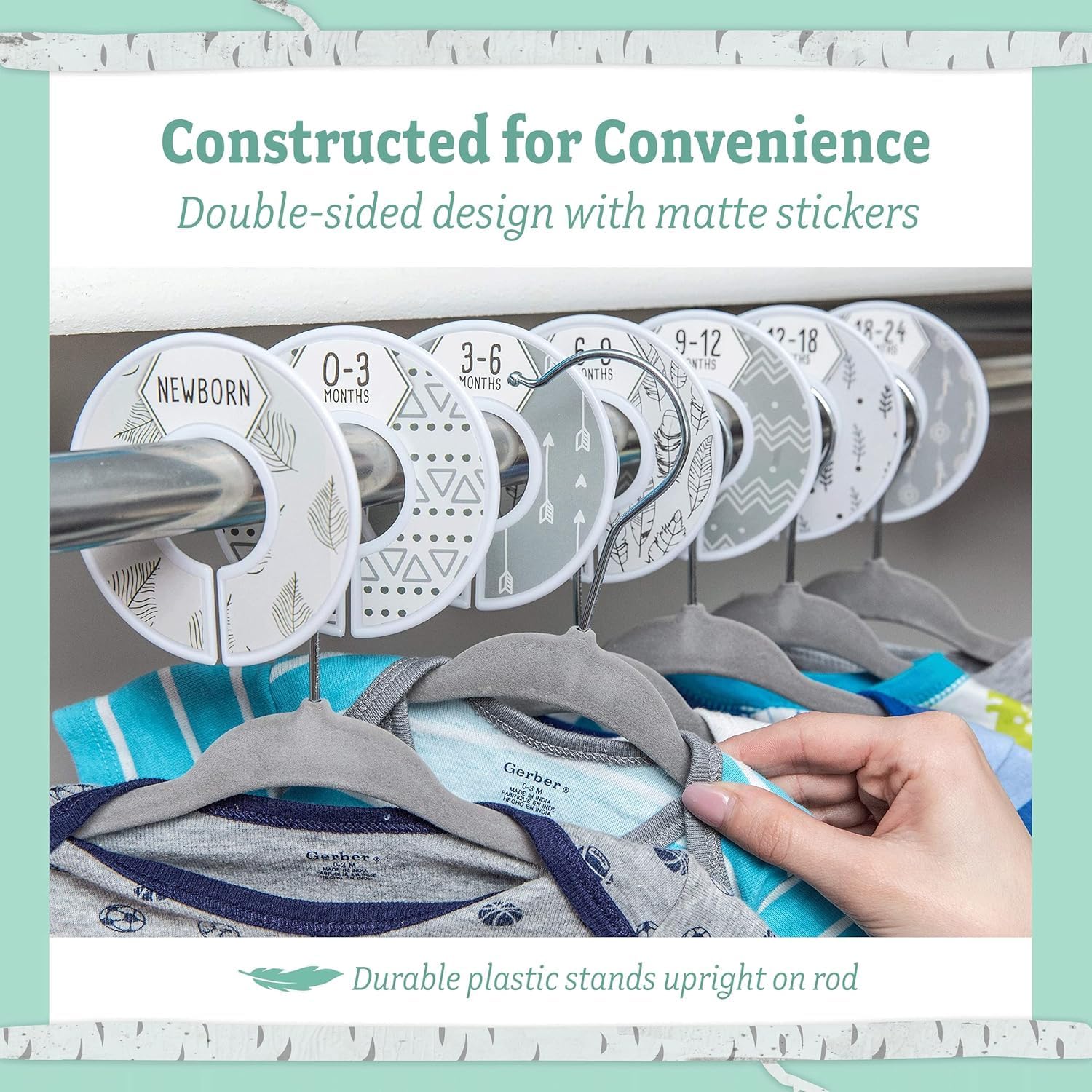 Unisex baby hangers set featuring double-sided design and matte stickers for easy organisation