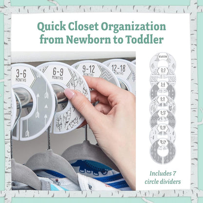 Unisex baby hangers set with circle dividers for easy closet organisation from newborn to toddler