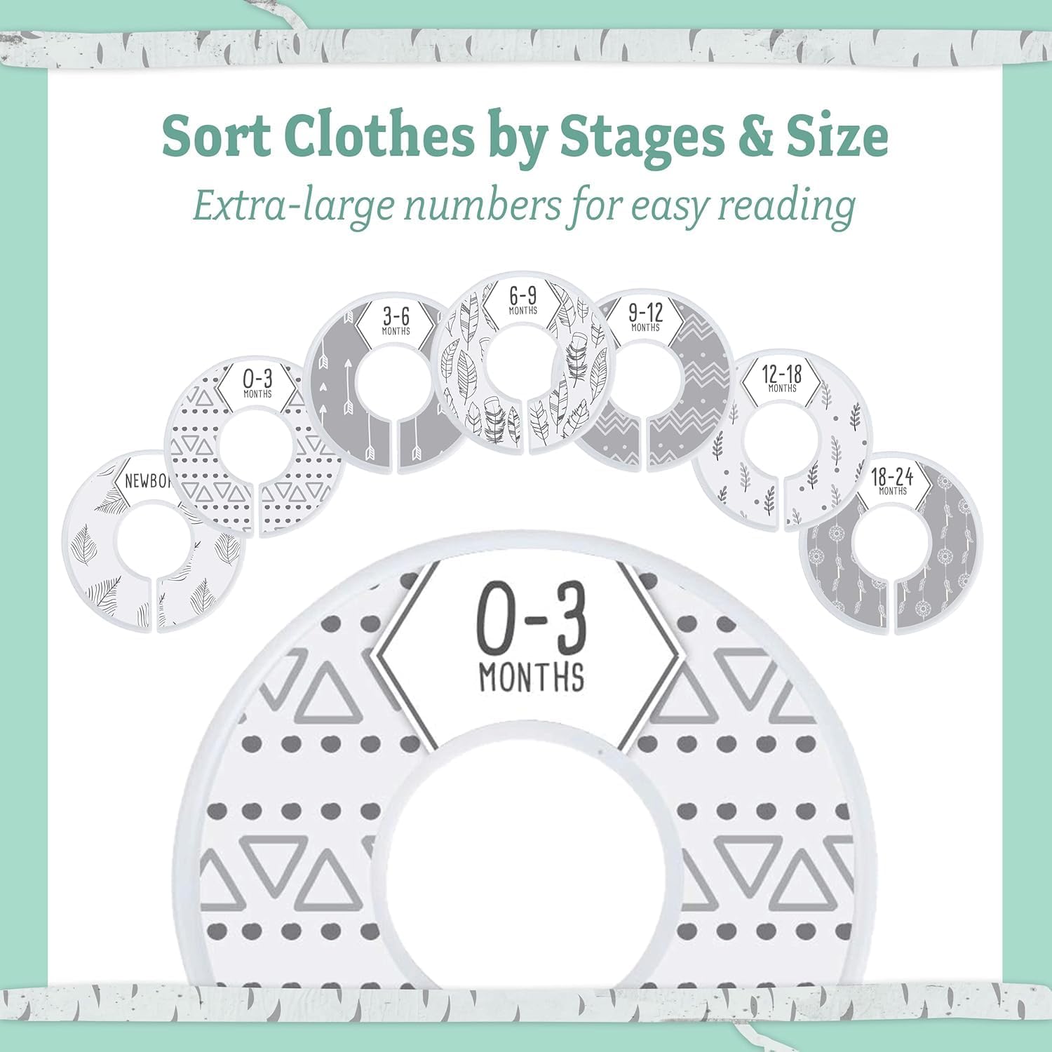 Unisex baby hangers set featuring extra-large numbers for sorting clothes by stages and sizes